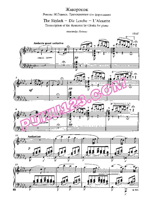 天天钢琴网-免费下载Glinka - The Lark - solo piano 巴拉基列夫改编钢琴独奏版
