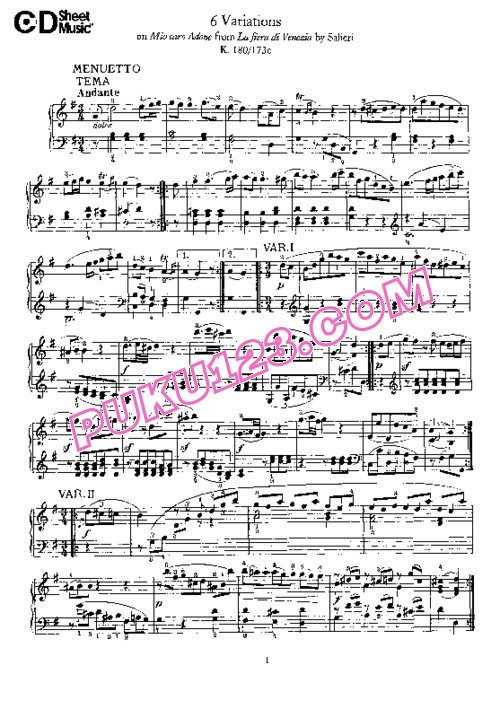 天天钢琴网-免费下载Mozart - Six Variations on Salieri s Mio caro Adone K.180