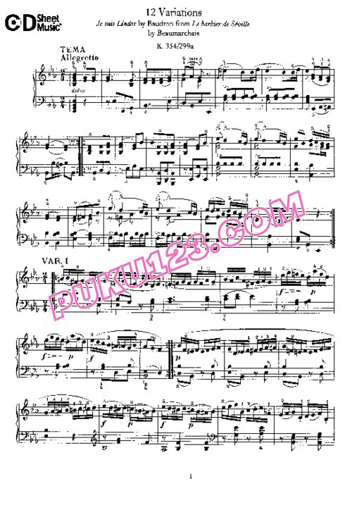 天天钢琴网-免费下载Mozart - 12 variations Je suis Lindor K.354 299a