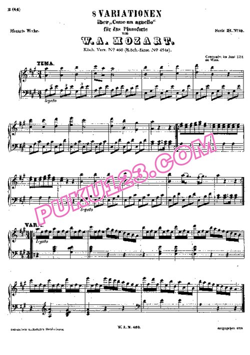 天天钢琴网-免费下载Mozart - Variations on Come un agnello in A Major K.460.454a