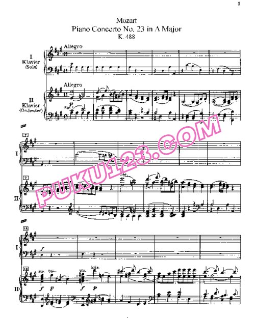 天天钢琴网-免费下载Mozart - Piano Concerto no 23 in A major K 488 - 2 Piano