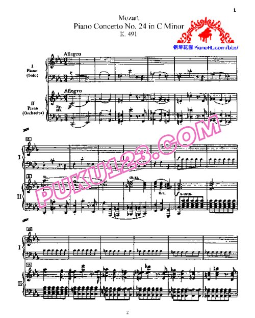 天天钢琴网-免费下载Mozart - Piano Concerto no 24 in C minor K 491 - 2 Piano